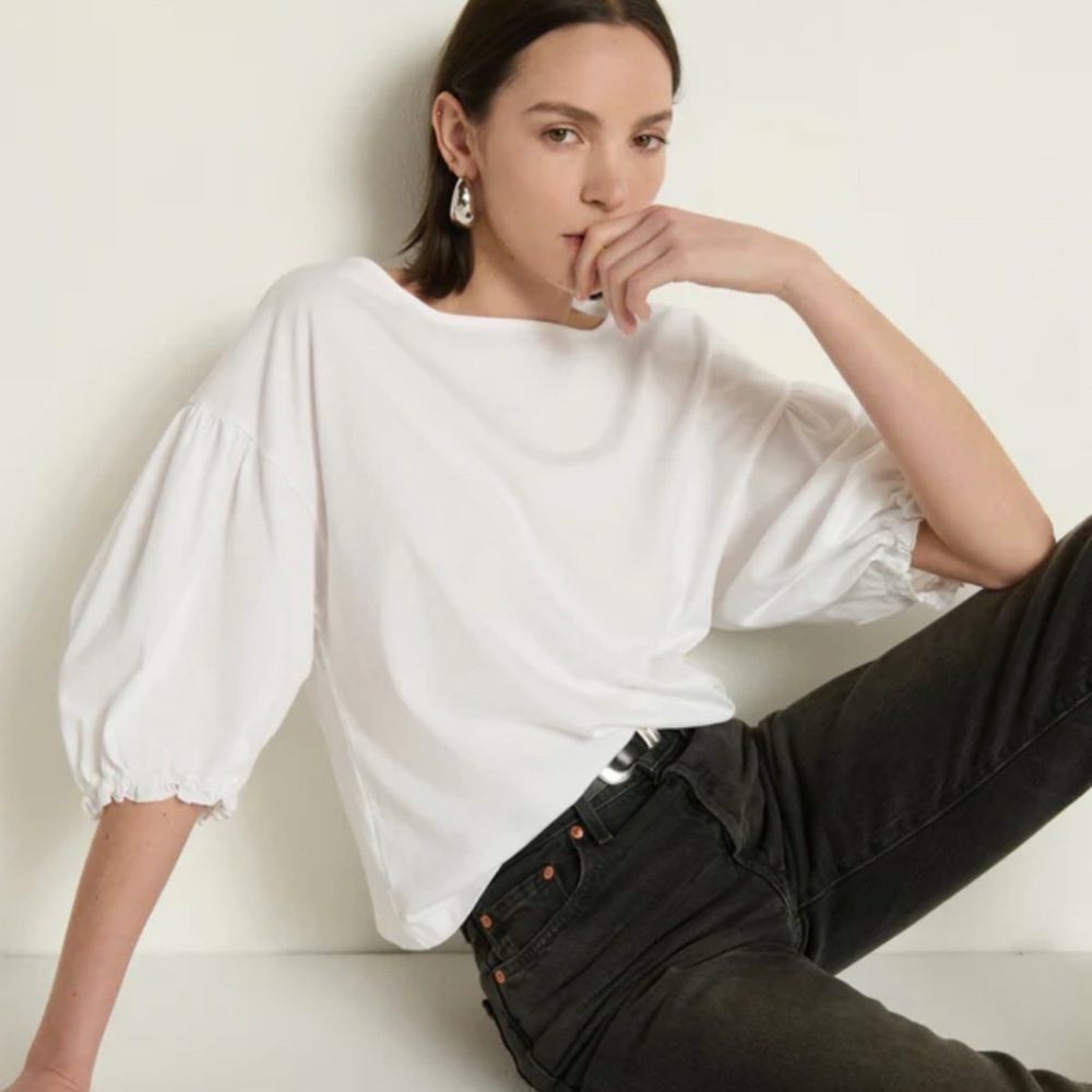 Nation LTD Sandra Boatneck White Balloon-Sleeve Cotton Top